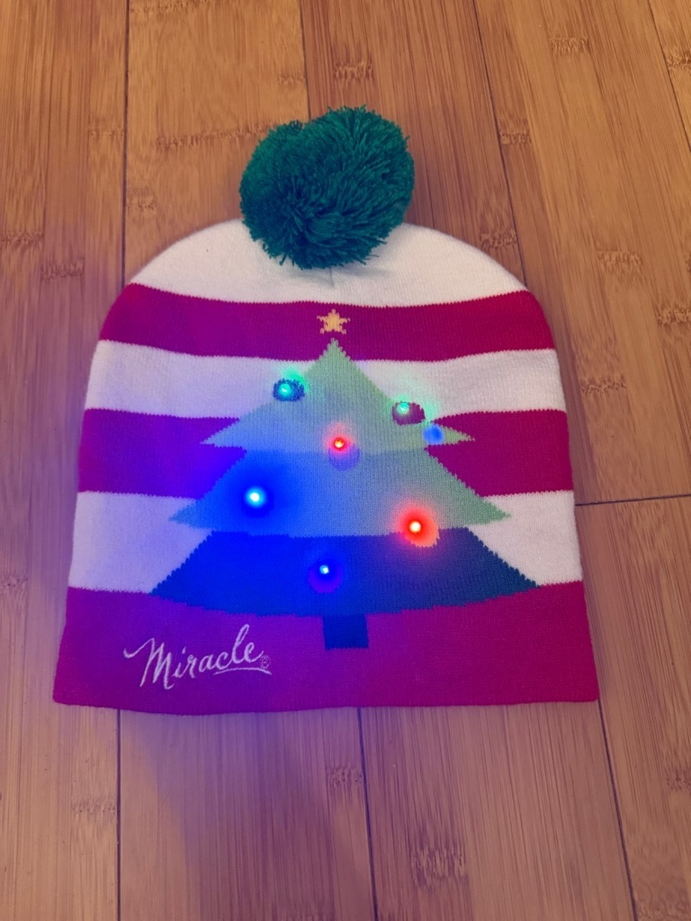 Miracle Red White & Green Light-up Christmas Tree Pom-Pom Beanie